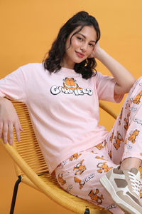 Zivame Garfield Knit Cotton Pyjama Set - Pink Dogwood — thumbnail 1